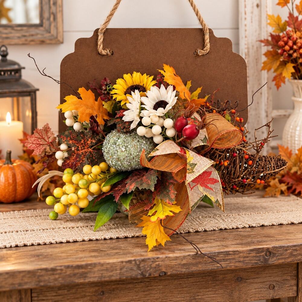 Handmade Fall Floral Wall Decor Glitter Pumpkin Sunflowers Cornucopia